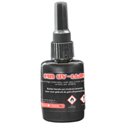 Uv-lijm, glaslijm dik ( gel )  50 gram, voor glas lijmen waar het opgevuld moet worden en het lijmen van rvs, aluminium op glas.
